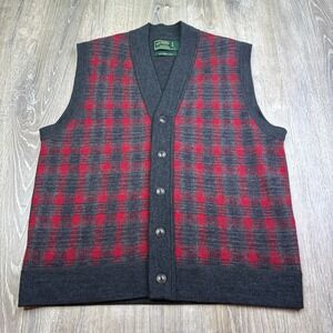 Vintage C.C. FILSON Merino Wool Button Vest Made in Hong Kong Red Plaid Medium